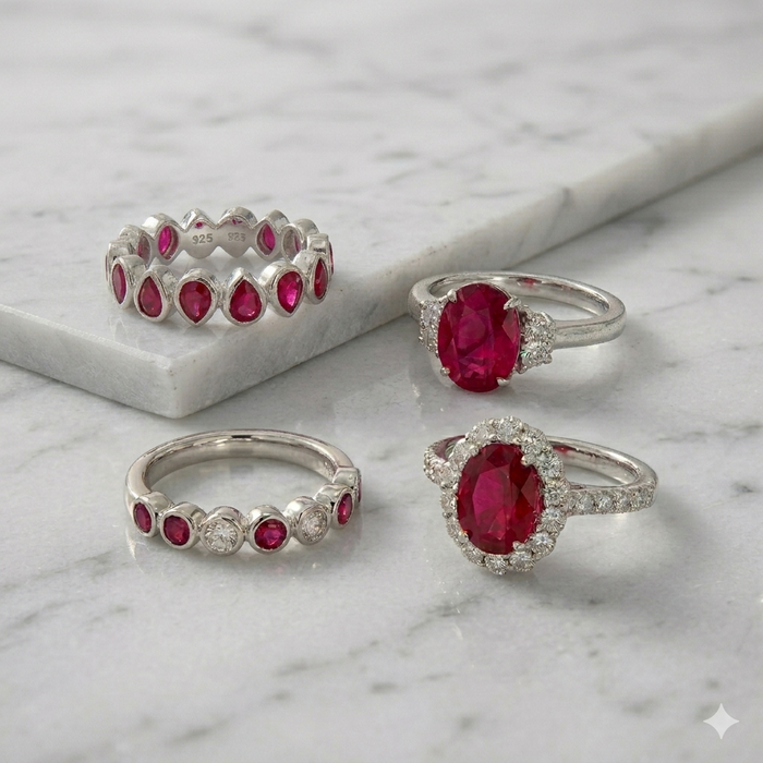 Four white gold rings with red gemstones on a marble surface