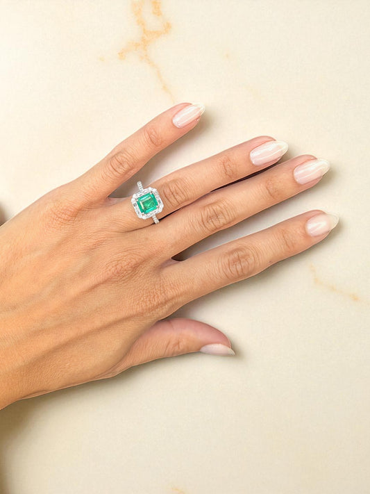 Emerald and Diamond Halo Ring