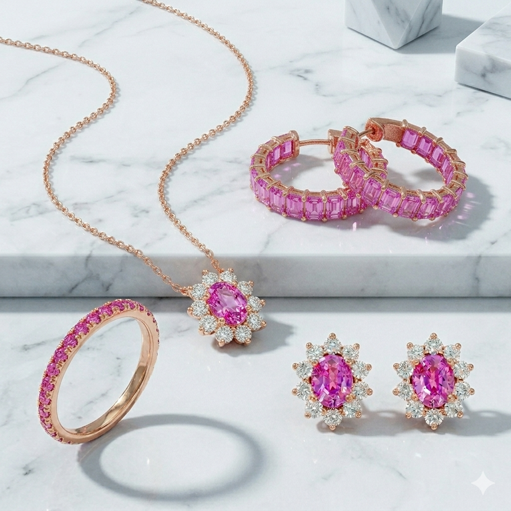 Jewelry set with pink gemstones on a marble surface